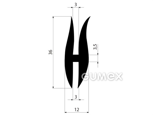 Gumový profil tvaru "H", 36x12/3/3mm, 70°ShA, EPDM, -40°C/+100°C, čierny